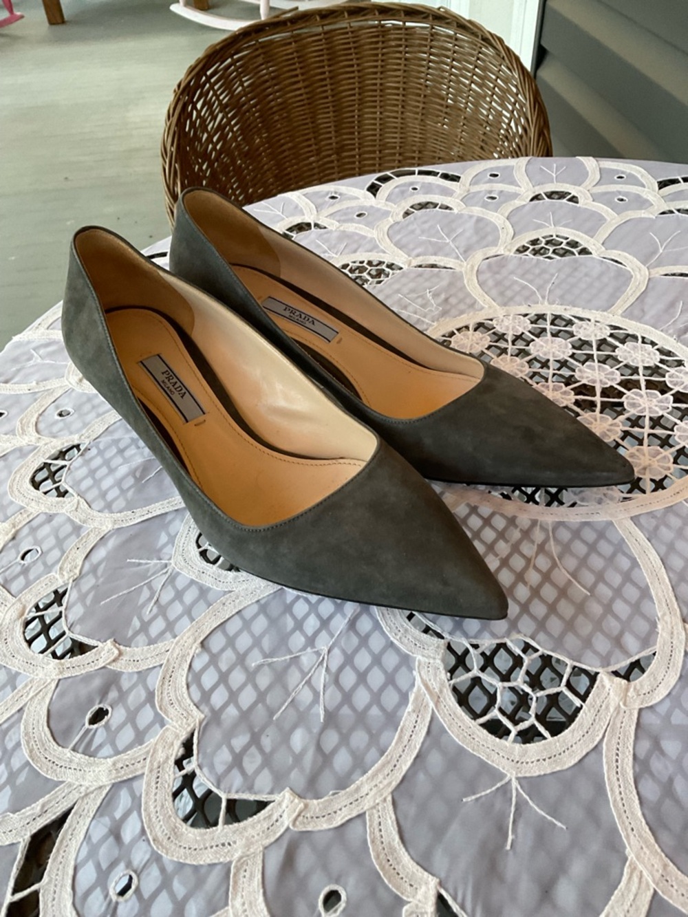 Prada Gray Suede Pointed-Toe Pumps